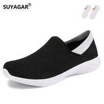 SUYAGAR 여성용 남성 초경량 발편한 끈없는 단화 봄여름 메쉬 플랫 슬립온 워킹화