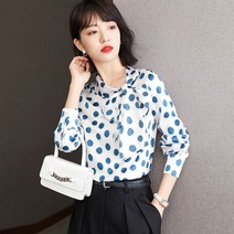 쉬폰 긴팔 봄 파란색 물방울 무늬 셔츠 패션 블라우스