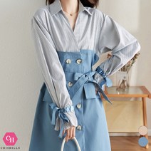 시크힐즈 리리컬 배색 리본 더블 단추 원피스 00393