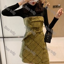 lime twig 여자 가을 겨울 체크 멜빵 원피스 블랙 스웨터+모직스커트 투피스 R145