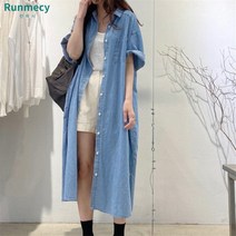 런메시Runmecy 여름빅사이즈 청 원피스 롱 데님 반팔 원피스 루즈핏 데님 원피스