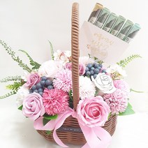 이플린 비누꽃 라탄 왕골 미니 꽃바구니 + 땡큐 하트 메모픽, 핑크