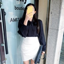도도스타일 로울 리본타이 비침없는 실키핏 키작녀블라우스