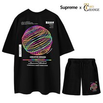 슈프림 정품 트레이닝복 네온써클 5부 오버핏 반팔티셔츠 + 반바지 남녀공용 츄리닝 상하의 세트