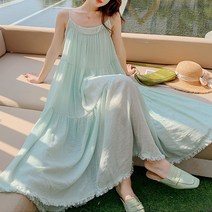 거즈면 린넨 끈나시 뷔스티에 A라인 롱원피스 프릴 셔링/피오나 롱 원피스