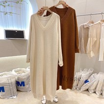 [Myshe]가을 겨울 브이넥 니트 원피스 여성 루즈핏 롱 원피스 Sevenfei104LYQ6
