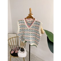 허니제이 / 베이티 배색 플라워 여유핏 니트 조끼(2color)