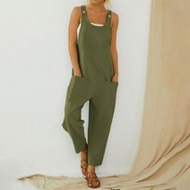 여성 루즈 스타일 점프 슈트 Boho 솔리드 컬러 U 자형 칼라 서스펜더 바지 여름 캐주얼 민소매 오버올 포켓