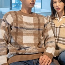 8995샵 베이지 봄 남자 체크 라운드 니트 티 커플 스웨터