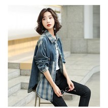 데님 패치 체크 셔츠 여 빈티지 루즈핏 빅사이즈 캐주얼 셔츠 여