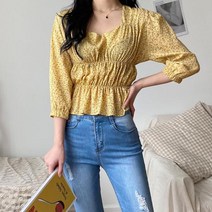 마롱패션 플라워 패턴 셔링 프릴 셔 블라우스