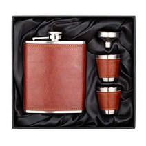 7 Oz Stainless Steel Hip Flask Gift Set Brown Leather with 2 Cups and Funnel 100% Leak Proof for Alc, 1
