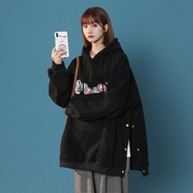 빅사이즈 여성 오버핏 후드 맨투맨 캐주얼 옆트임 긴팔 티셔츠 데일리룩 봄가을