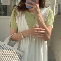 잇츠스타일 그린 니트반팔티 + 레이스 프릴 롱원피스세트