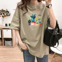 스타일아유 여성 여름용 루즈핏 반팔 티셔츠 순면 원작 식물 프린트 빅사이즈 M~2XL 오버핏 반팔티 롱티 자체제작