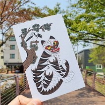 전통민화 까치와 호랑이 백색 디자인 엽서 대한민국 한국 여행 관광 기념품 굿즈, 단일제품