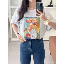 3컬러 유니크 바비 프린팅 빅사이즈 루즈핏 반팔 티셔츠