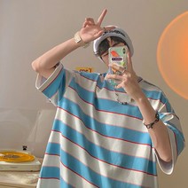 반팔티셔츠남자 100 순 면 트렌드 멋진 청소년 블러킹 줄무늬 와이드 루즈핏 5부 소매 3767957189, 블루 이미지컷 타입 XL