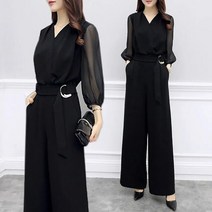 바디프로필컨셉 하이레그 여름 점프 수트 시폰 넓은 다리 Jumpsuits 여성 얇은 v목 검은 Bodysuit 3 분기 소매 벨트 Jumpsuit 긴 바지 정장