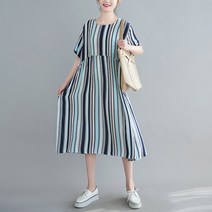 빅사이즈 여성의류 2022 여름 뚱뚱한 단아한 면린넨 라운드넥 플라워 프린팅 줄무늬 패치워크 슬림핏 반팔원피스