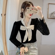 여성 여자 봄 가을 겨울 예쁜 단정한 오피스룩 모임룩 리본 배색 벨벳 블라우스