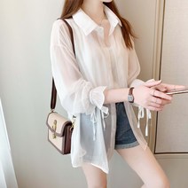 중년여성 롱 로브 가디건 비치 하프 여 긴팔 여름 자외선 차단 아이스 쿨러 블라우스 쉬폰 오픈