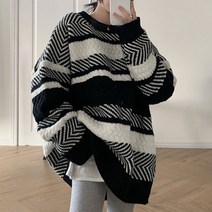 코코라벨라 여성 라운드넥 오버핏 박시 스트라이프 단가라 니트