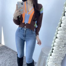 VANANA2 여성 간절기 비비드 데일리 컬러 배색 크롭 가디건 2color