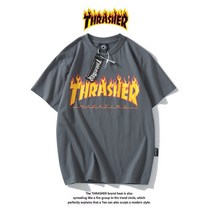 Thrasher T-shirt 트레셔 플레임 로고 여름철 순면 반팔 황색 불길-진회색