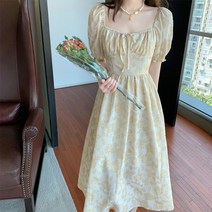 스퀘어넥원피스 쉬폰원피스 베이비돌 아일렛 스모크 바스락 플라워 반팔 빈티지 노란 그린 꽃무늬