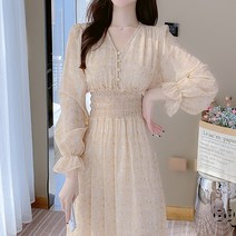 [랜덤플레이] 브이넥 버튼 플라워 쉬폰 원피스