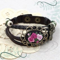 토이앤스티치/해바라기/타원/가죽/팔찌/밤색/자수용/퀼트/프랑스자수/반제품/당일발송, F56-해바라기가죽팔찌-밤색