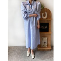 스트라이프 아방한 퍼프 소매 단추 오버핏 셔츠 롱원피스 (2color)