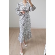 여자 꽃 가슴셔링 쉬폰 프릴 롱 원피스