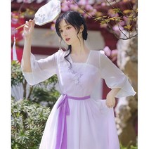 원피스 퍼플 루즈핏 반팔 원피스 여름 여성 날씬해 보이는 쉬폰 미디 원피스