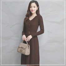 가을하객 골지 니트원피스 H라인 롱원피스 벨트 브이넥