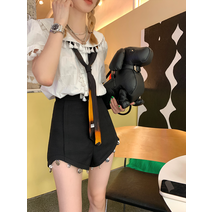 스파 여성 디자인 a하이웨이스트 여름 담요 검정반바지