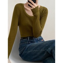 ONEPICK [안심구매 무료교환] 여성 언쌍 U넥 니트 추동 스판 슬림핏 긴팔