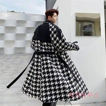 남자 체커보드 하운드투스 체크 유니크 도깨비 공유 스타일 롱코트 남친룩 벨티드 소매 코트