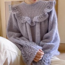여성 추동 손뜨개 앙고라 니트 프릴 퍼프소매 스웨터 인형카라 라운드넥 소녀풍 루즈핏