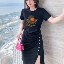 대형 여성 드레스 2021 여름 새로운 우아한 배꼽 커버 슬리밍 불규칙한 디자인 분할 중간 길이 드레스 유행