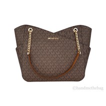 마이클코어스 Michael Kors 제트 세트 라지 브라운 시그니처 X 크로스 체인 숄더 토트 핸드백 여성 레더