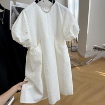 여름 여성 미디원피스 라운드넥 퍼프소매 반팔 A라인 셔링 벌룬 오버핏 자카드 데일리 미디원피스 빅사이즈 B21