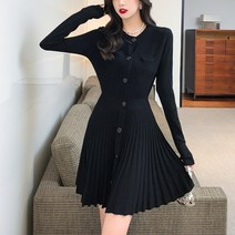 넷투넷코리아 여성 라운드넥 긴팔 플리츠 니트원피스 데일리룩