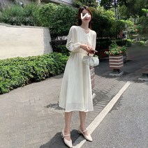 가을겨울 여성 순색 긴팔원피스 작은 브이넥 주름원단 부드럽고 편한 a라인 이너우너피스