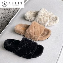[바보사랑] 여성 전체 퍼 퀼팅 스트랩 실내화 털 슬리퍼
