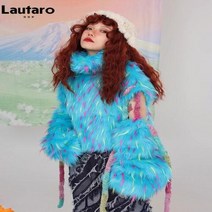 Lautaro 여성용 여러 가지 빛깔의 털이 많은 모피 코트 차가운 어깨 풀오버 푹신한 재킷 Y2K 스트리트웨어 따뜻한 인조 모피 코트 겨울