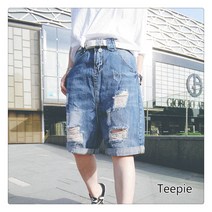 티피 연한 색 카우보이 5 분 바지 여자 큰 사이즈 루즈핏 구멍 하이 웨이스트 반바지