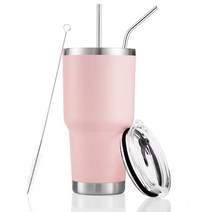 써모스 텀블러 + 빨대뚜껑 + 빨대 + 빨대솔, 스테인리스, 900ml, 핑크