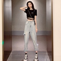ciuuc 새로운 홍콩 스타일 복고풍 소금 시스템은 언니를 끌고 디자인 느낌 티셔츠 튀긴 거리 하이 허리 청바지 투피스 세트를 착용했습니다.